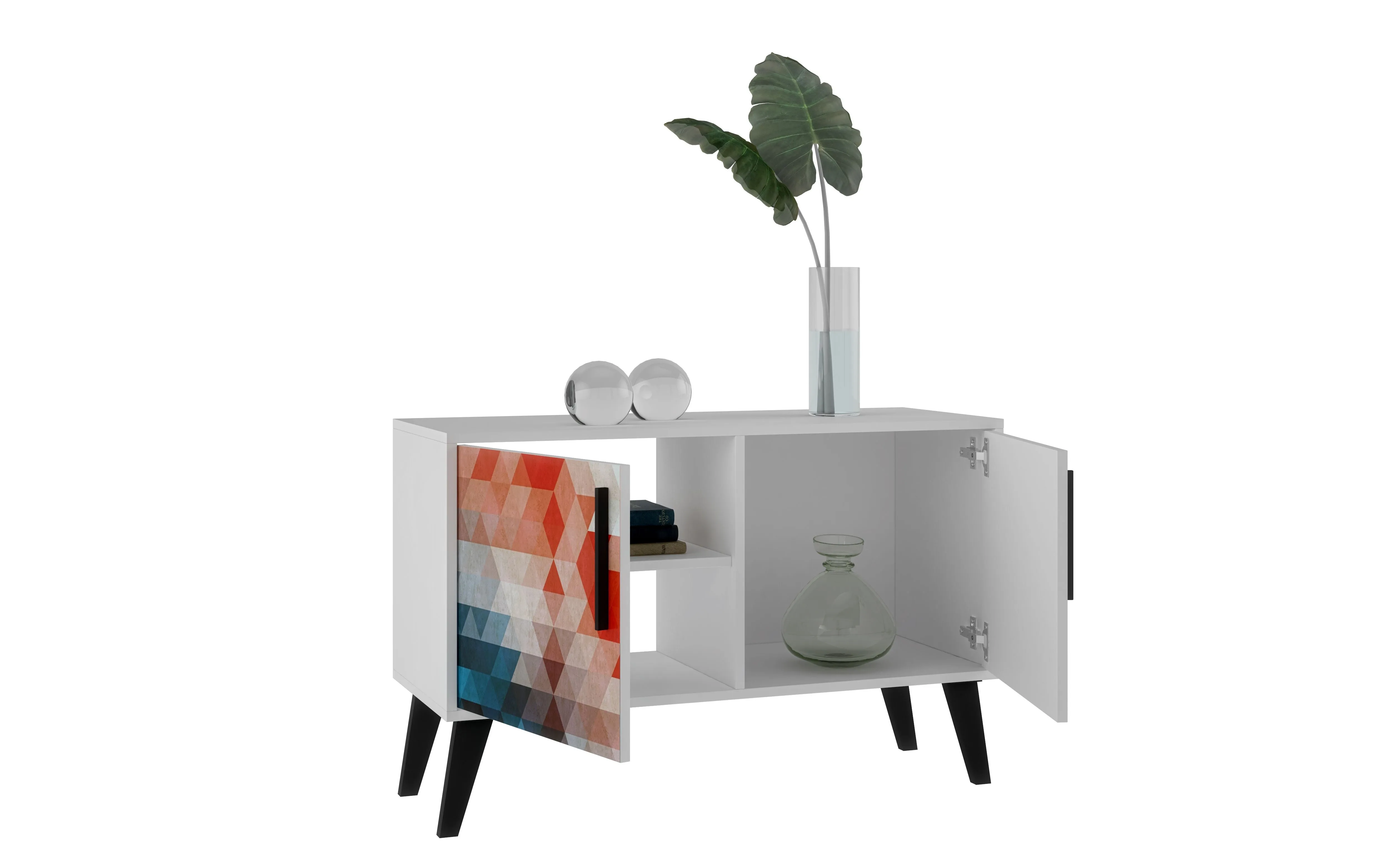 Mid-Century- Modern Amsterdam Double Side Table 2.0 with 3 Shelves in Multi Color Red and Blue