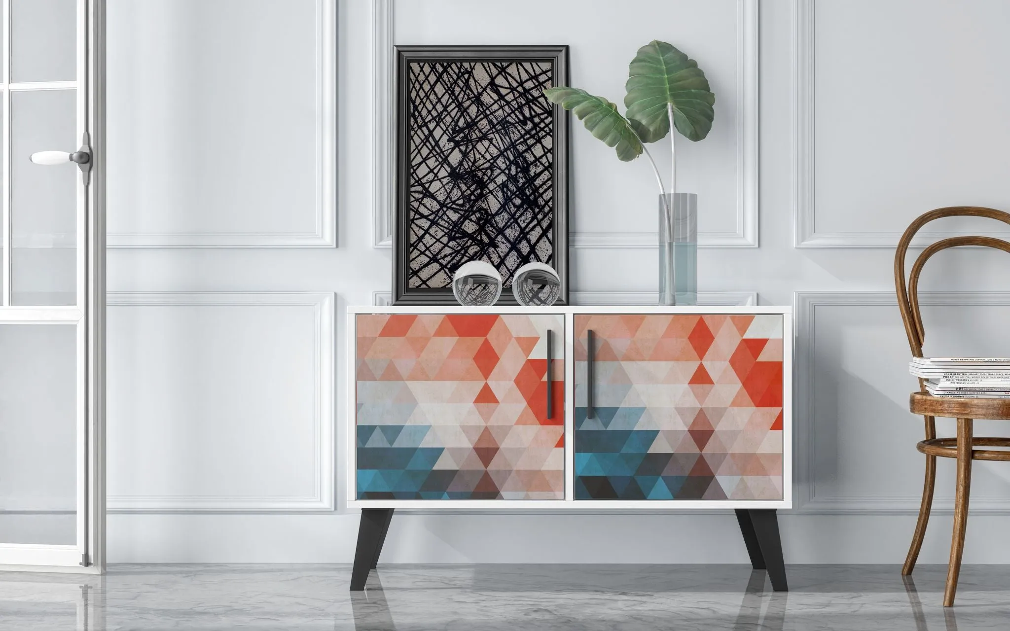Mid-Century- Modern Amsterdam Double Side Table 2.0 with 3 Shelves in Multi Color Red and Blue