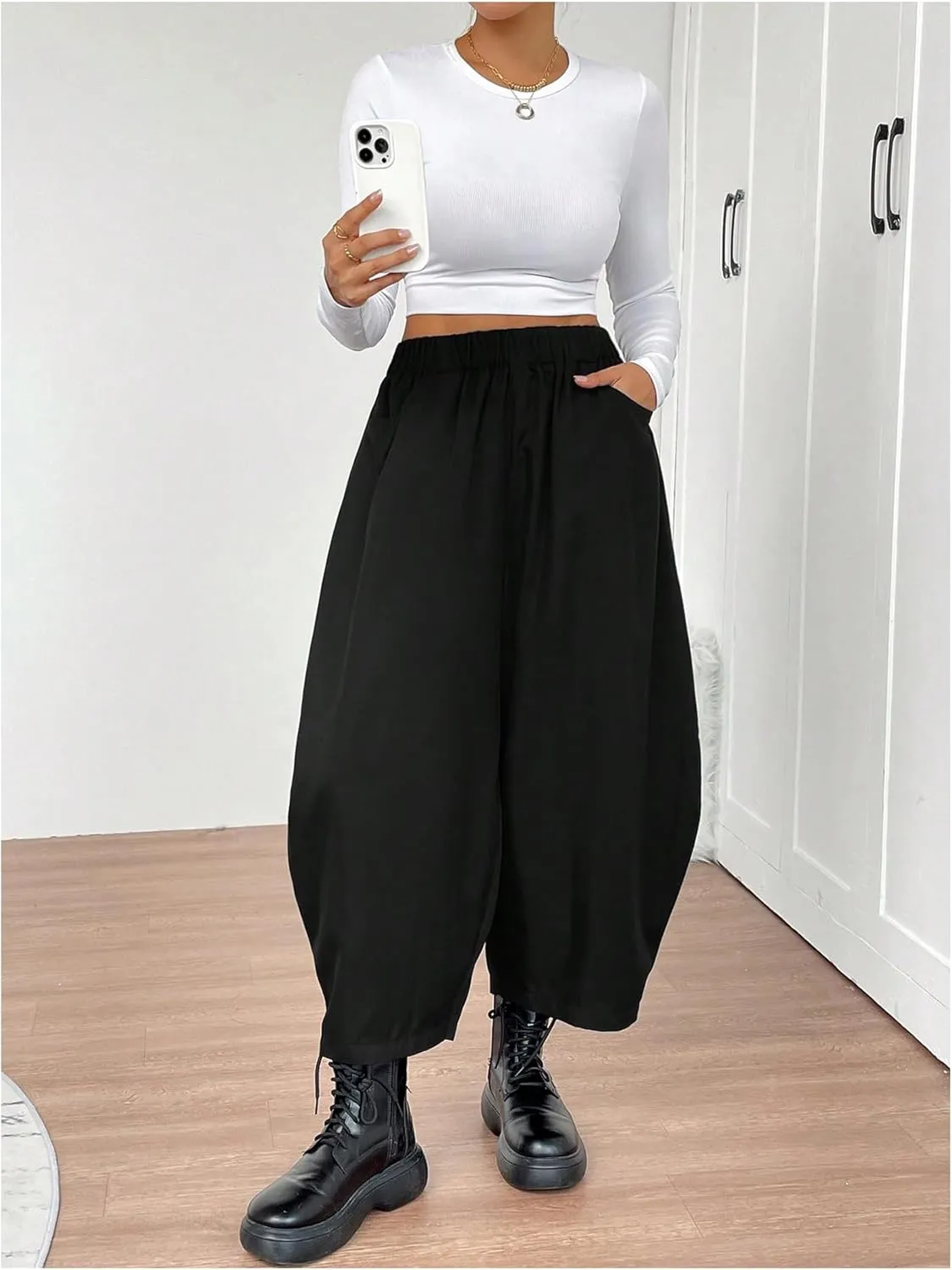 Milumia Women's Drawstring Elastic Waisted Wide Leg Pants Loose Fit Palazzo Harem Pants