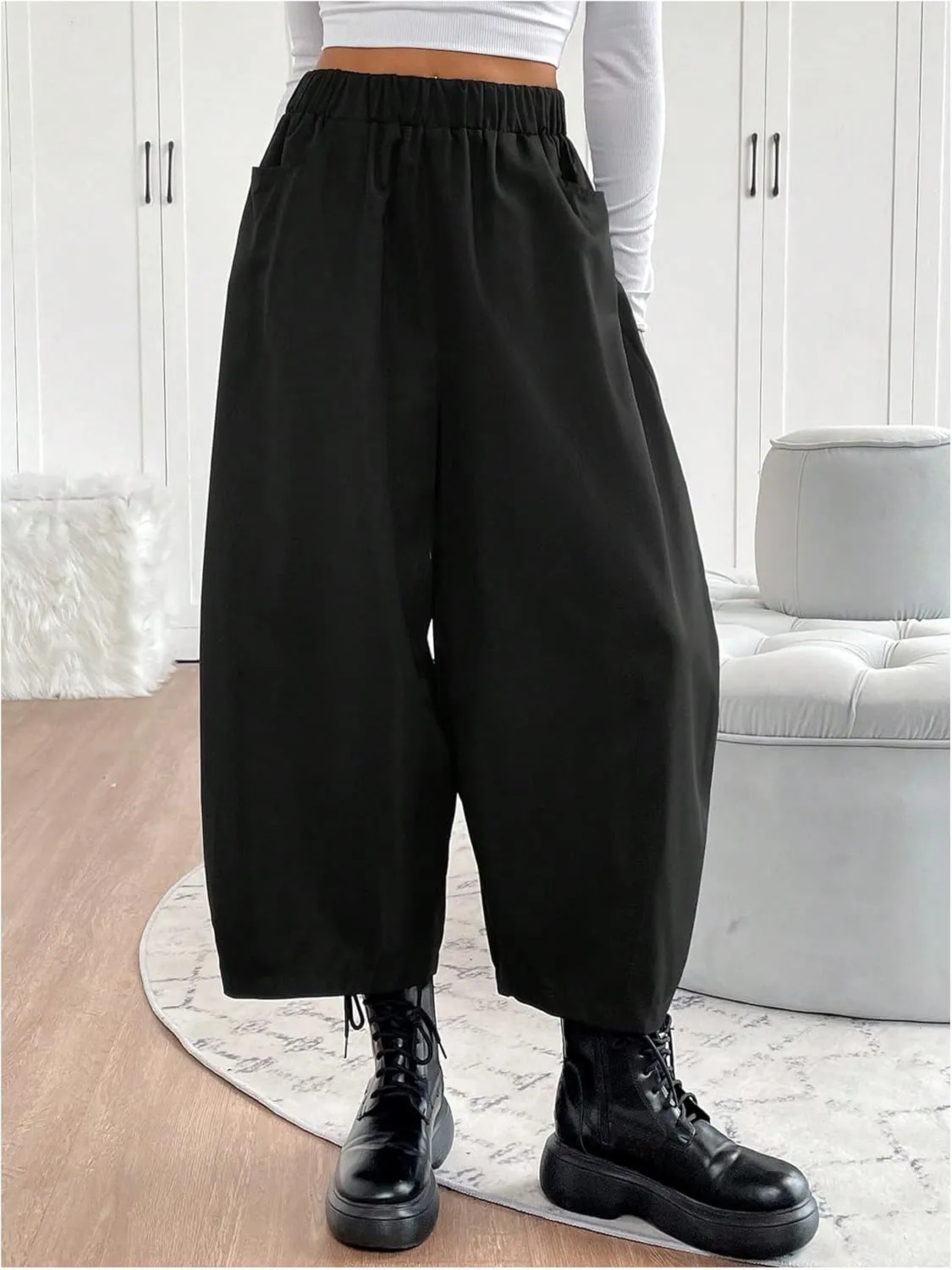 Milumia Women's Drawstring Elastic Waisted Wide Leg Pants Loose Fit Palazzo Harem Pants