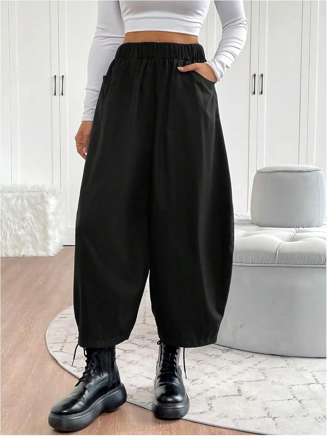 Milumia Women's Drawstring Elastic Waisted Wide Leg Pants Loose Fit Palazzo Harem Pants