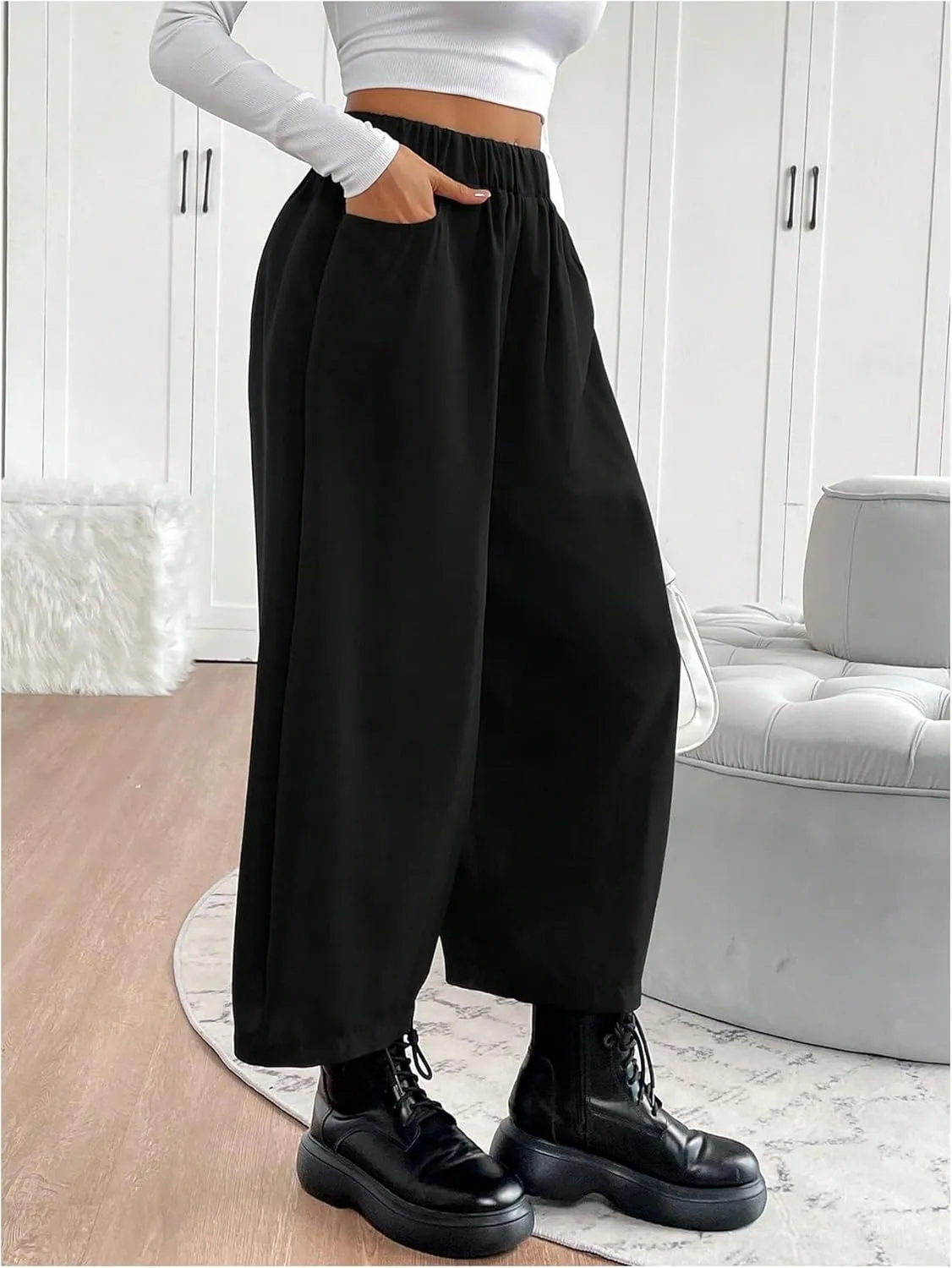 Milumia Women's Drawstring Elastic Waisted Wide Leg Pants Loose Fit Palazzo Harem Pants