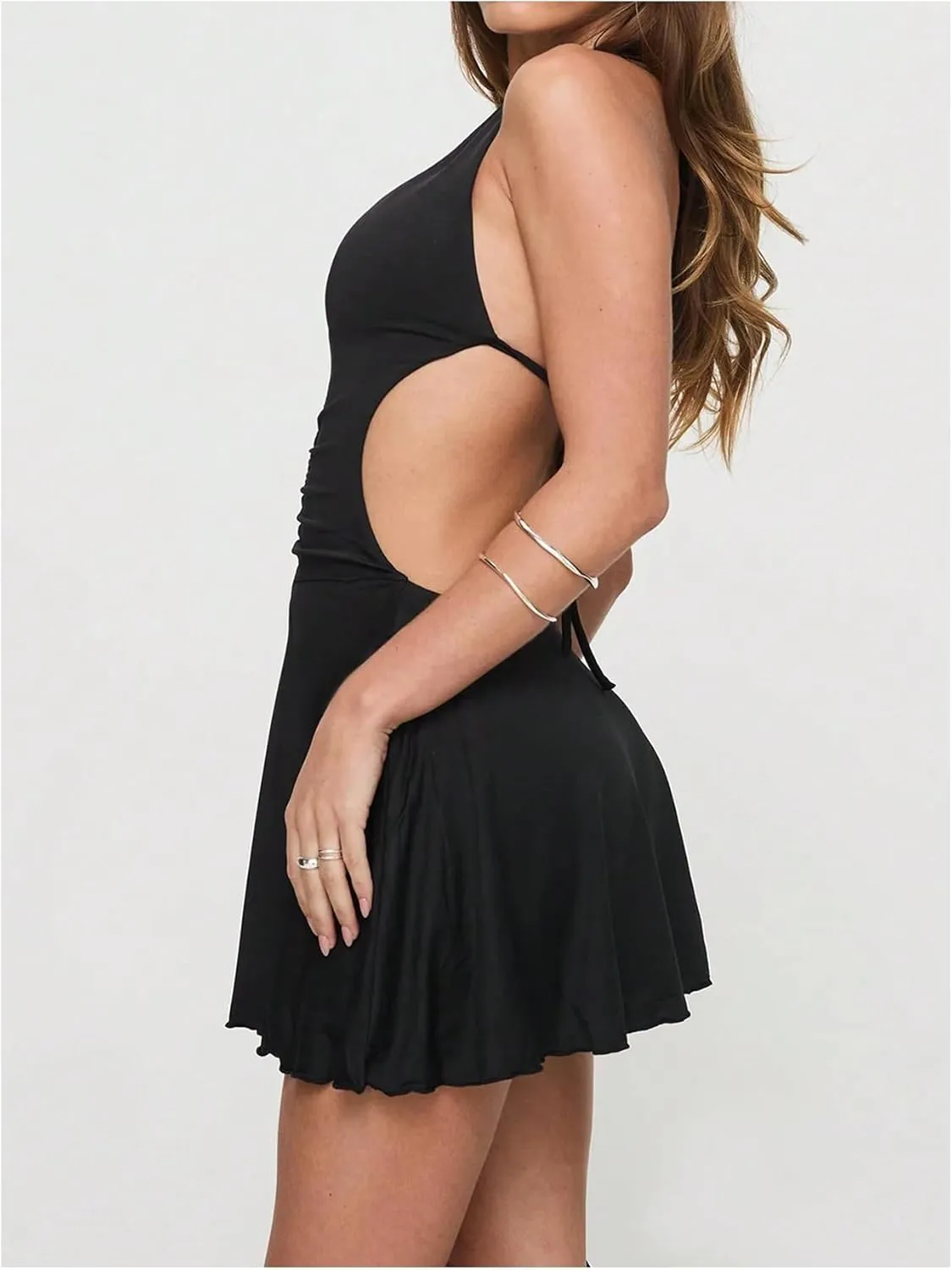 Milumia Women's Ruched Tie Backless Halter Mini Dress Sexy Deep V Neck Party Short Dresses