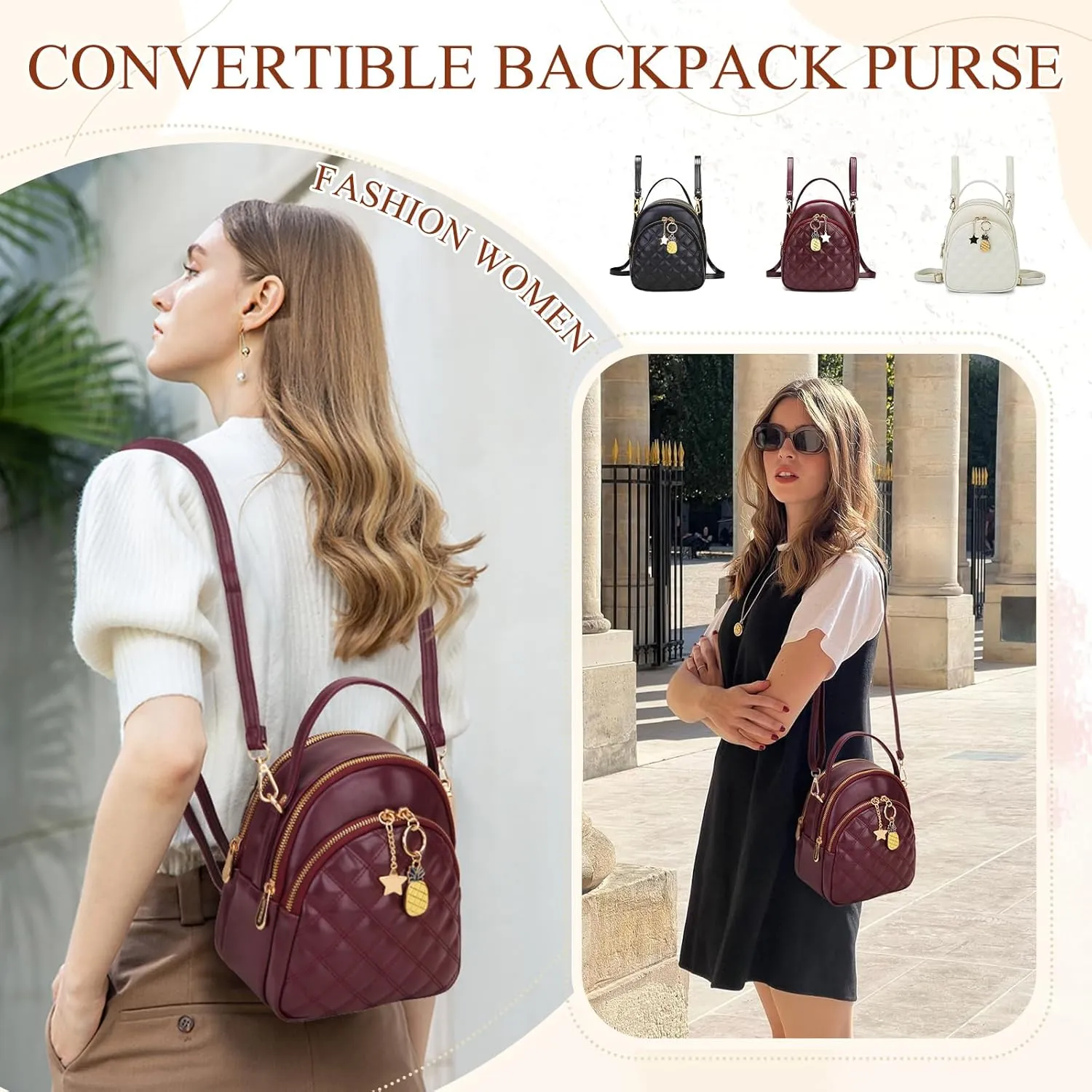 Mini Backpack Purse,VONXURY Fashion Small Leather Quilt Backpack Convertible Casual Travel Daypack for Women Ladies