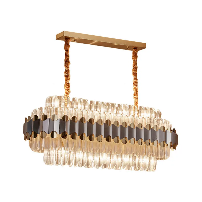 Modern Silver and Gold Island Lighting: Crystal Prisms Pendant - 10 Bulbs - Oval Shape - Ideal for Dining Table