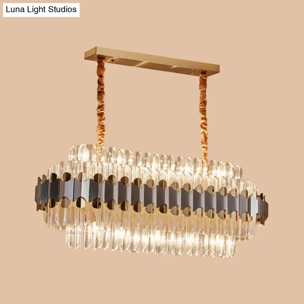 Modern Silver and Gold Island Lighting: Crystal Prisms Pendant - 10 Bulbs - Oval Shape - Ideal for Dining Table