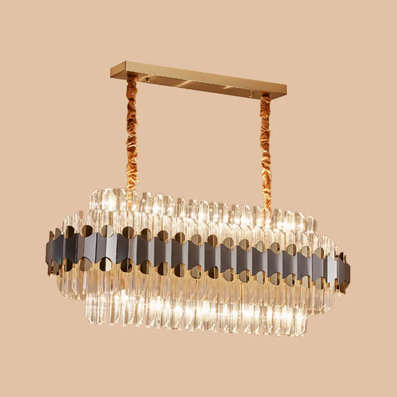 Modern Silver and Gold Island Lighting: Crystal Prisms Pendant - 10 Bulbs - Oval Shape - Ideal for Dining Table
