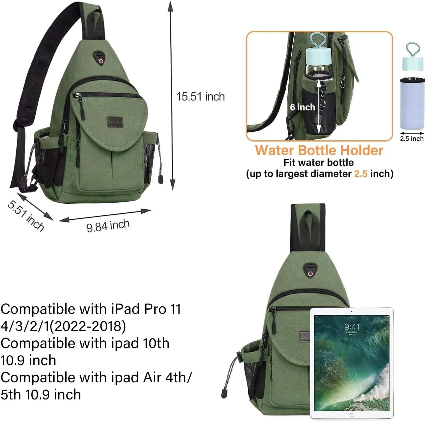 MOSISO Sling Backpack,Canvas Crossbody Hiking Daypack Bag with Anti-theft Pocket