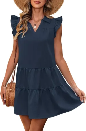 MSBASIC Womens Summer Dresses 2025 Collared V Neck Ruffle Sleeve Tiered Mini Casual Shirt Work Babydoll Sundress for Teens