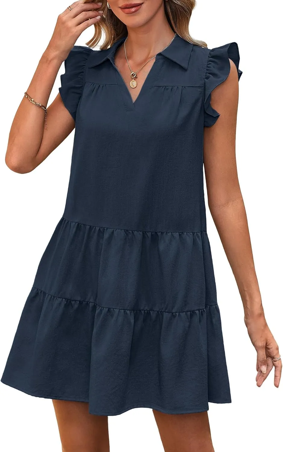 MSBASIC Womens Summer Dresses 2025 Collared V Neck Ruffle Sleeve Tiered Mini Casual Shirt Work Babydoll Sundress for Teens