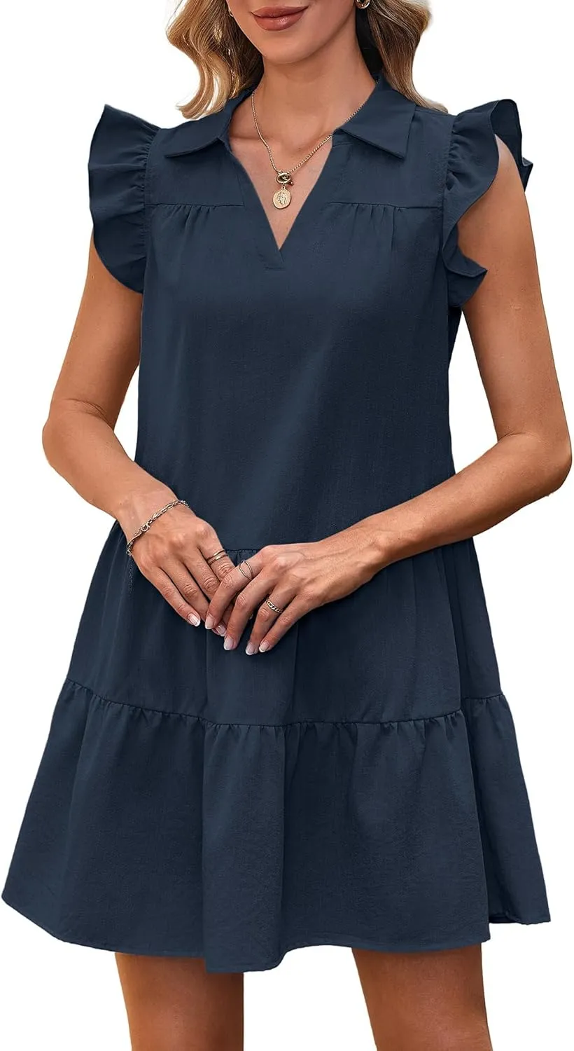 MSBASIC Womens Summer Dresses 2025 Collared V Neck Ruffle Sleeve Tiered Mini Casual Shirt Work Babydoll Sundress for Teens