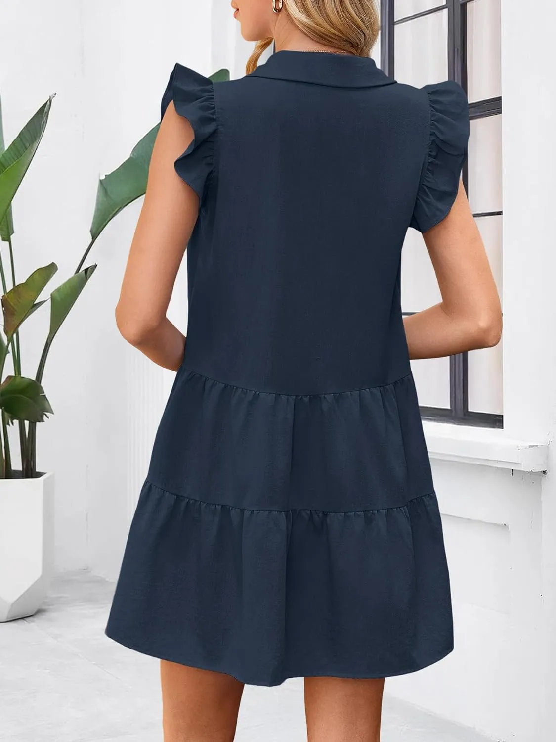 MSBASIC Womens Summer Dresses 2025 Collared V Neck Ruffle Sleeve Tiered Mini Casual Shirt Work Babydoll Sundress for Teens