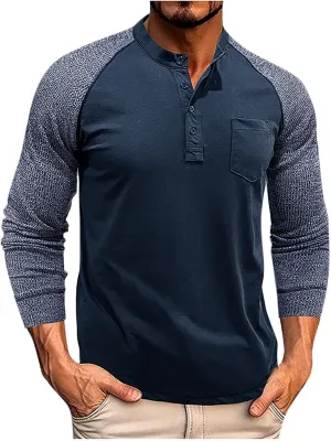 Muscularfit Shirts for Men Long Sleeve Button Up Henley Tshirt Casual Color Block Loose Pullover Athletic Gym Workout Tee Top