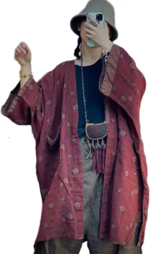 NFYM Women Fall Lightweight Open FrontJacket Linen Printed Kimono Cardigan Coat Outwear