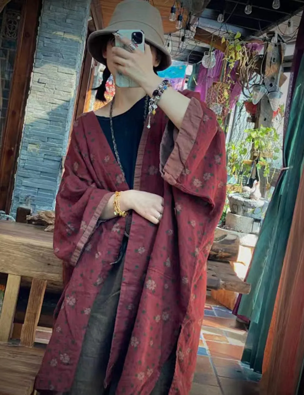 NFYM Women Fall Lightweight Open FrontJacket Linen Printed Kimono Cardigan Coat Outwear