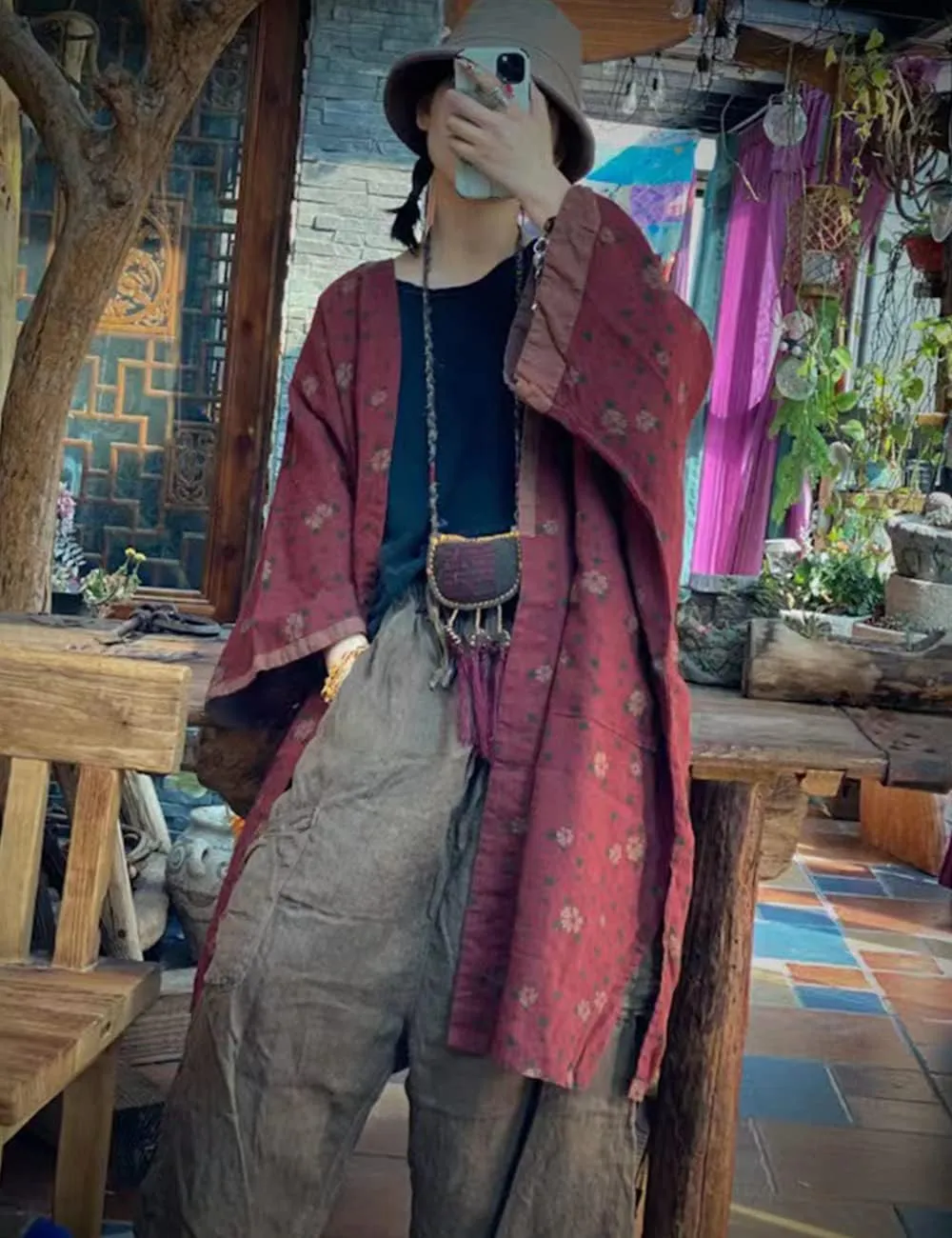 NFYM Women Fall Lightweight Open FrontJacket Linen Printed Kimono Cardigan Coat Outwear