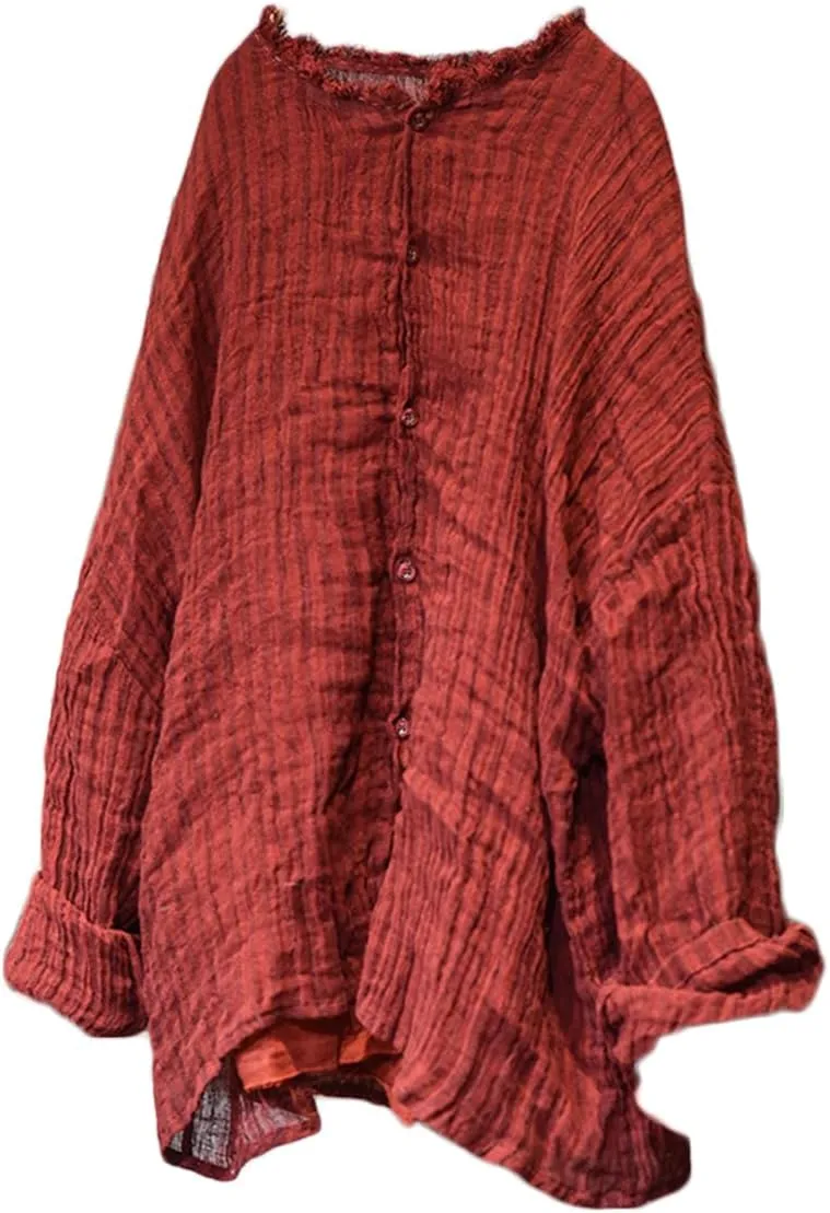 NFYM Womens Button Down Shirts Gauze Linen Dress Shirt Long Sleeve Pleated Stripe Tunic Tops
