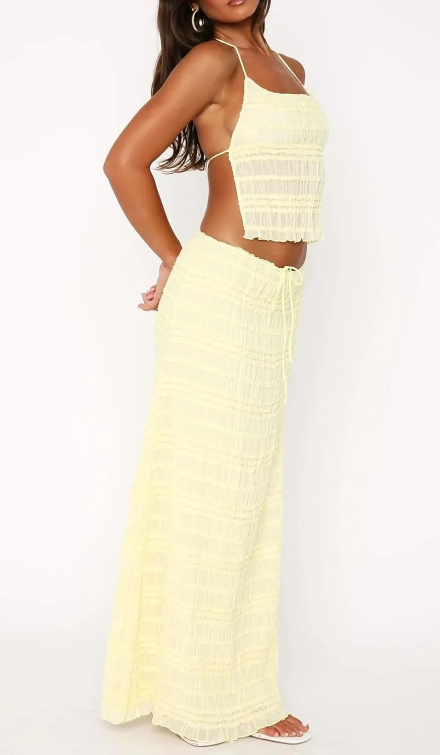 NUFIWI Women Matching 2 Piece Skirt Set Textured Cami Crop Top Low Rise Maxi Skirt Tiered Ruffle Set Going Out Outfits