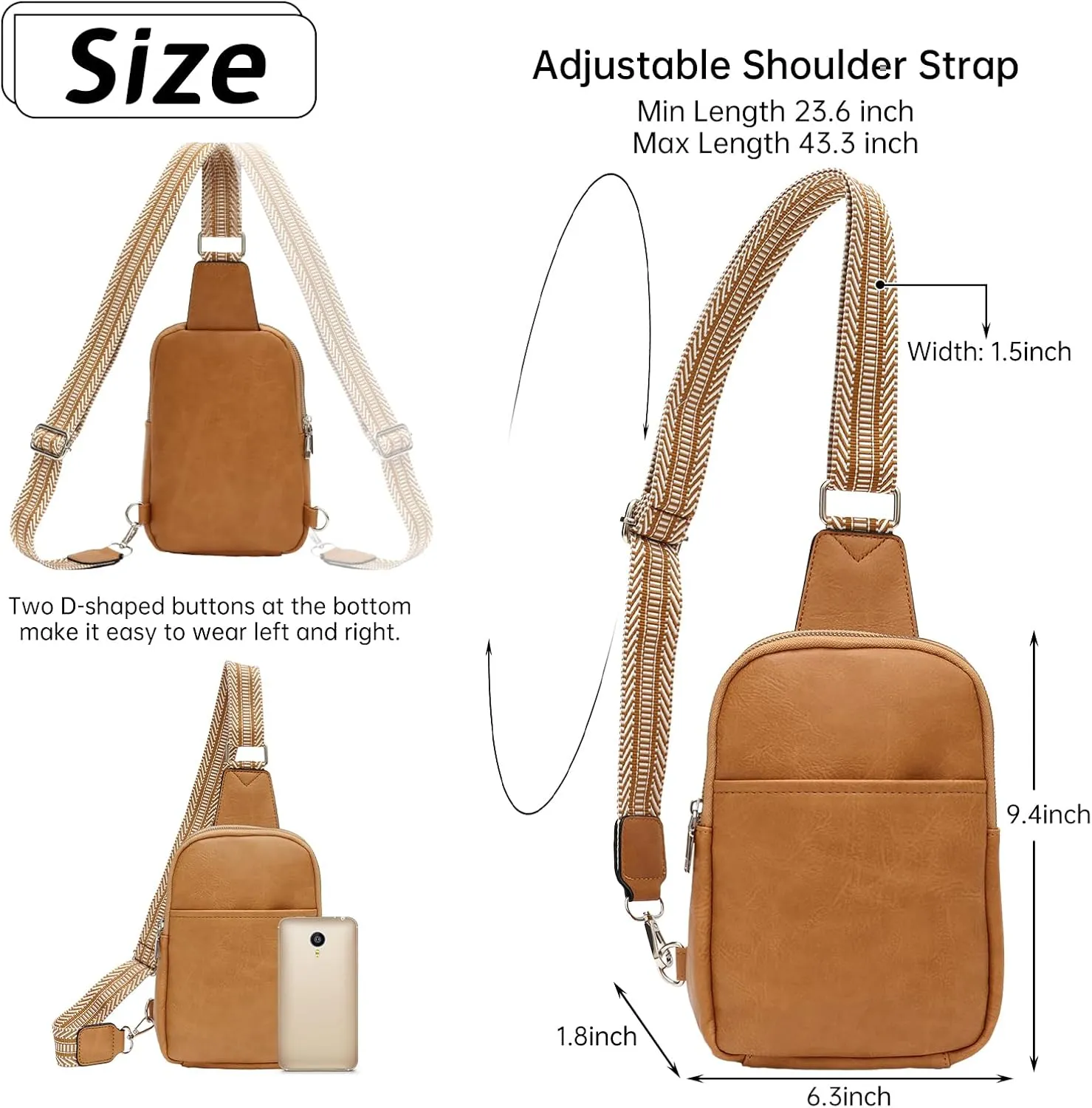 Ovida Sling Bag for Women Vegan Leather Crossbody Fanny Pack Sling Chest Bag Purse with Adjustable Guitar Strap for Travel