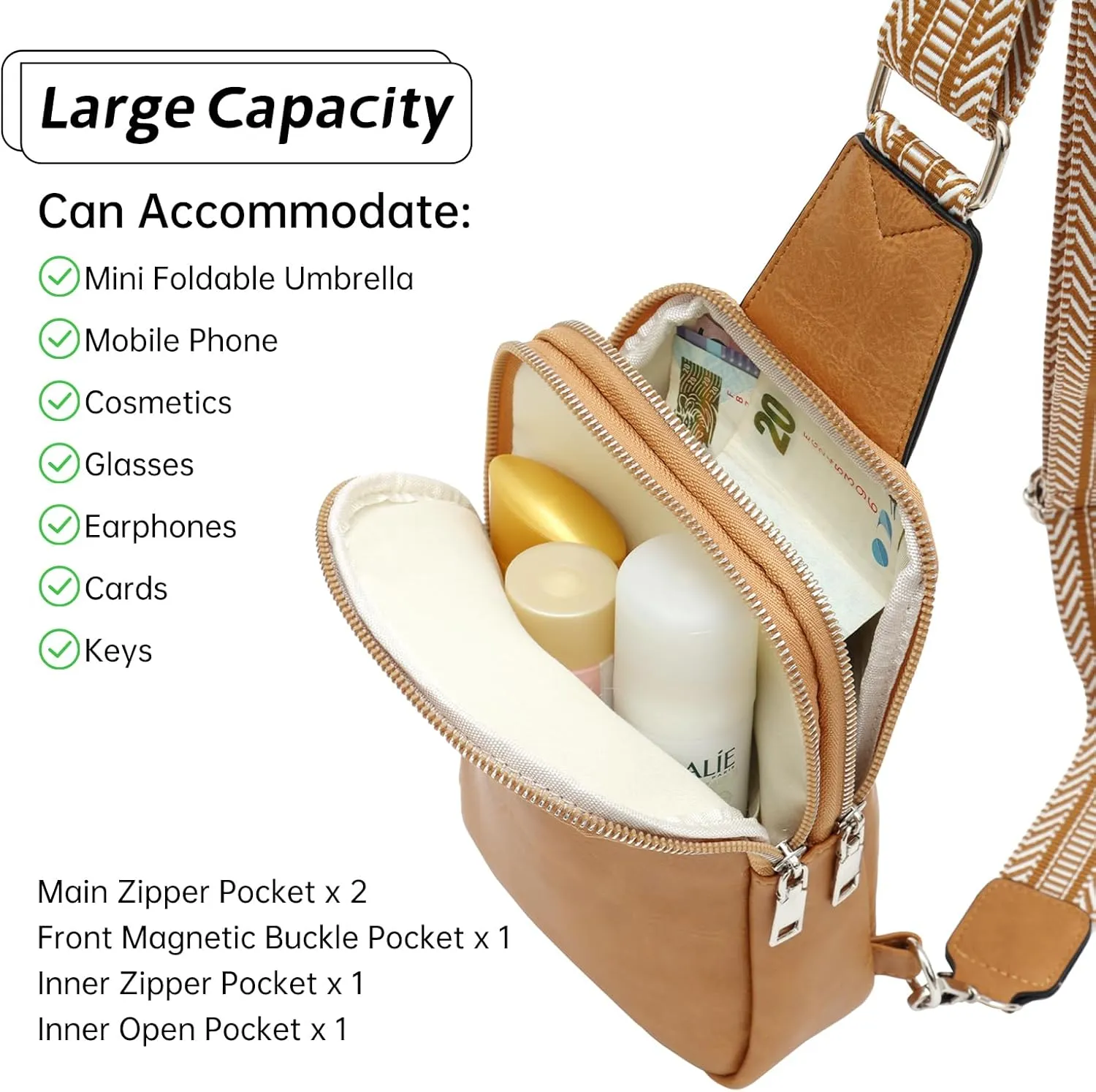 Ovida Sling Bag for Women Vegan Leather Crossbody Fanny Pack Sling Chest Bag Purse with Adjustable Guitar Strap for Travel