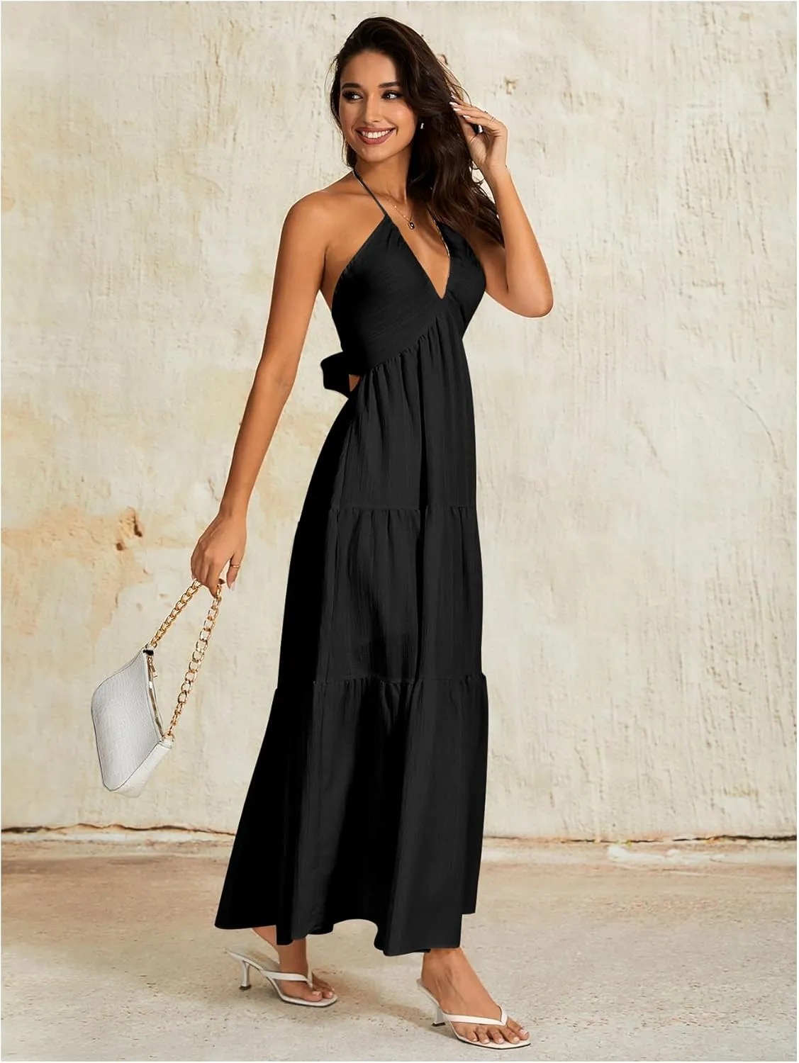 OYOANGLE Women's V Neck Tie Backless Halter Dress Ruched Flowy Vacation Maxi Dresses