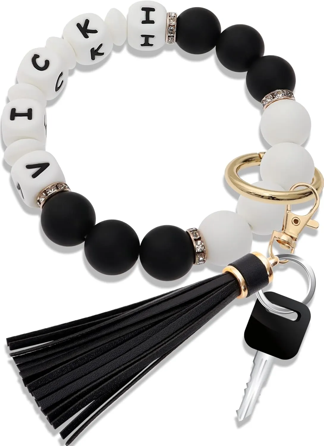 Panny & Mody Personalized Keychain Bracelet Wristlet Silicone Bead Bangle Key Ring with Leather Tassel