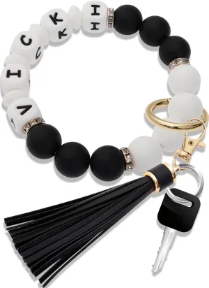 Panny & Mody Personalized Keychain Bracelet Wristlet Silicone Bead Bangle Key Ring with Leather Tassel