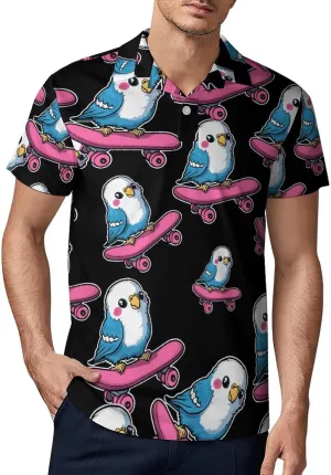 Parakeet Bird Skater Skateboard Men's Polo-Shirt Regular-Fit Short Sleeve Sports Quick Dry Golf Tennis T-Shirt