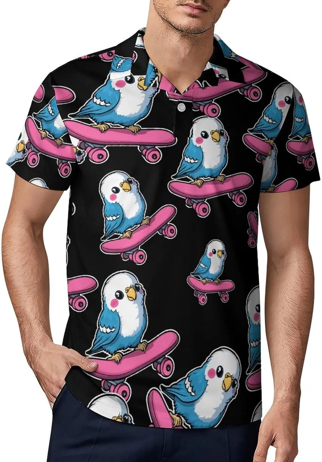 Parakeet Bird Skater Skateboard Men's Polo-Shirt Regular-Fit Short Sleeve Sports Quick Dry Golf Tennis T-Shirt