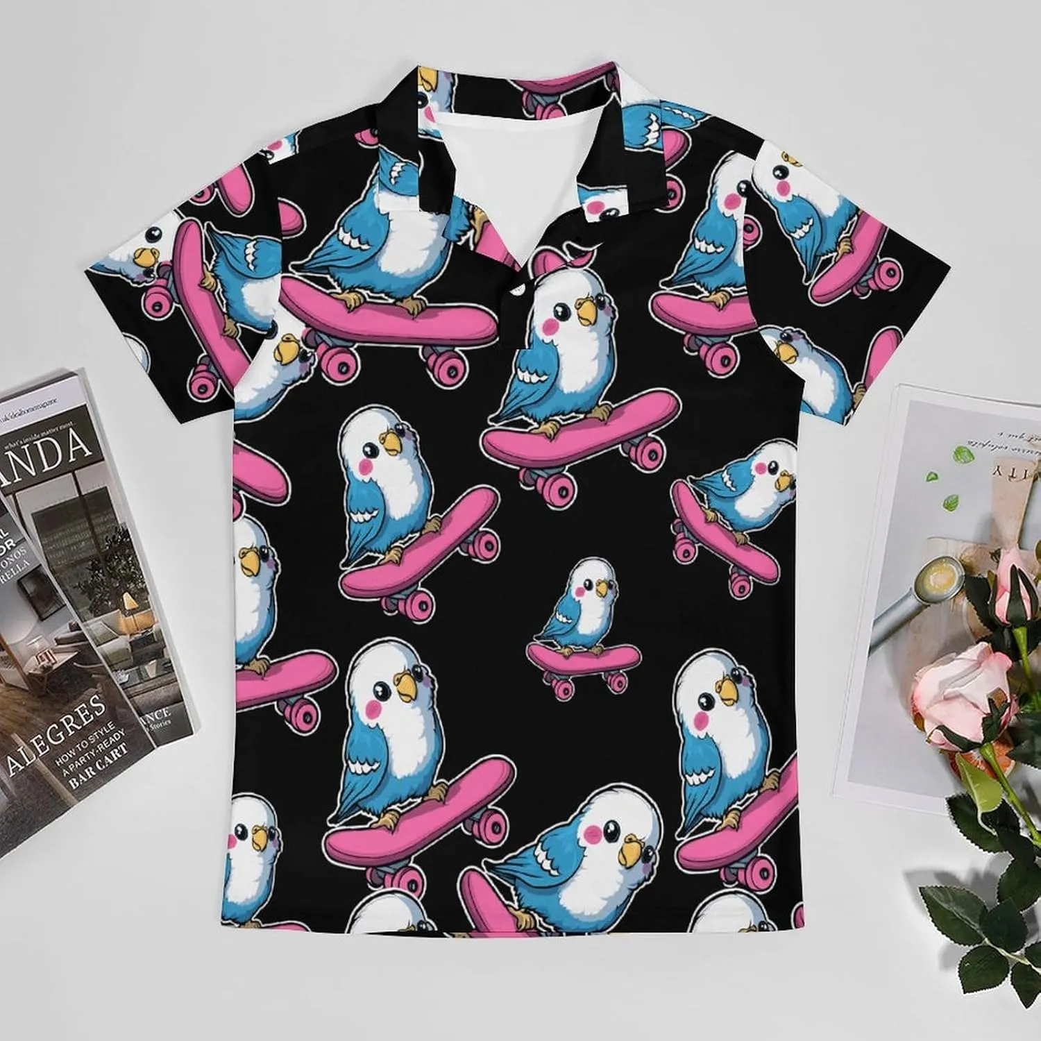 Parakeet Bird Skater Skateboard Men's Polo-Shirt Regular-Fit Short Sleeve Sports Quick Dry Golf Tennis T-Shirt