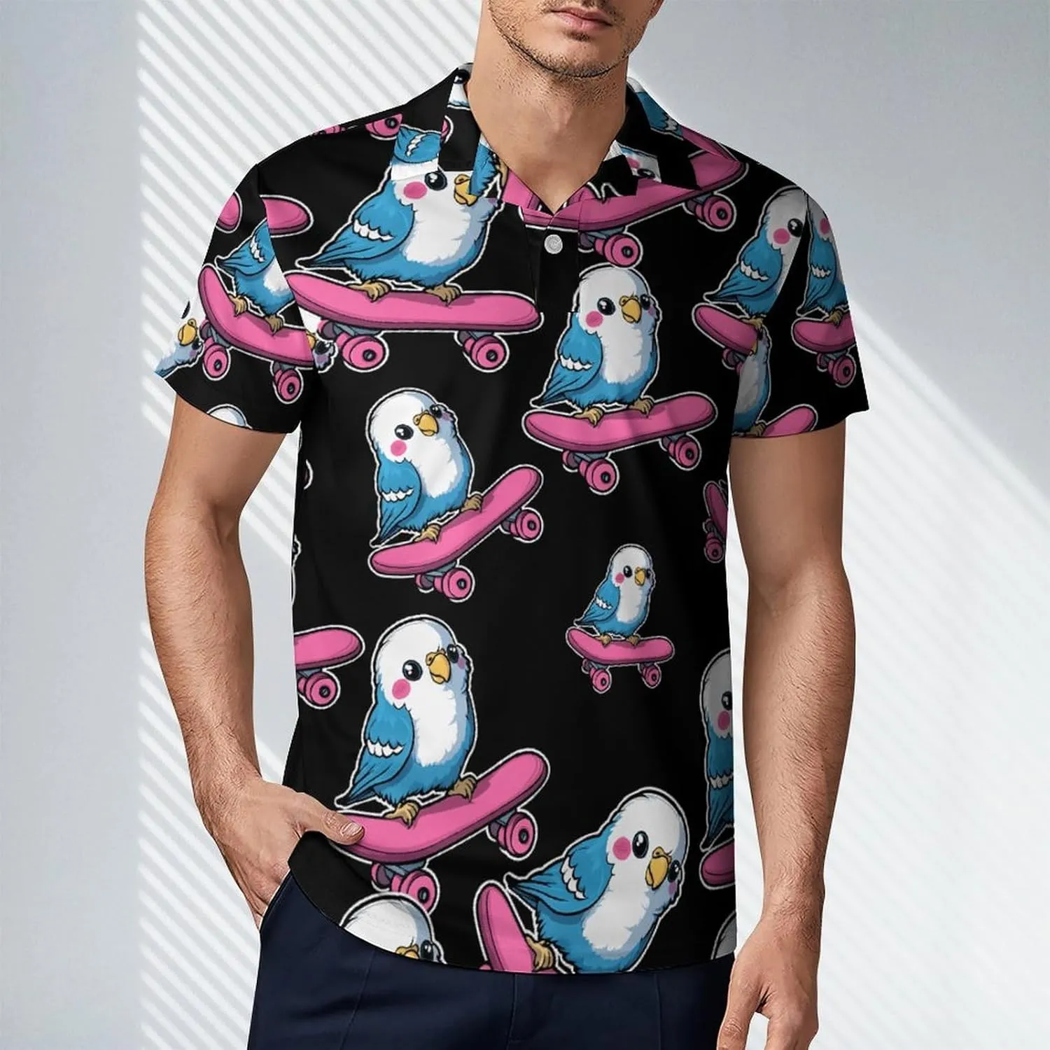 Parakeet Bird Skater Skateboard Men's Polo-Shirt Regular-Fit Short Sleeve Sports Quick Dry Golf Tennis T-Shirt