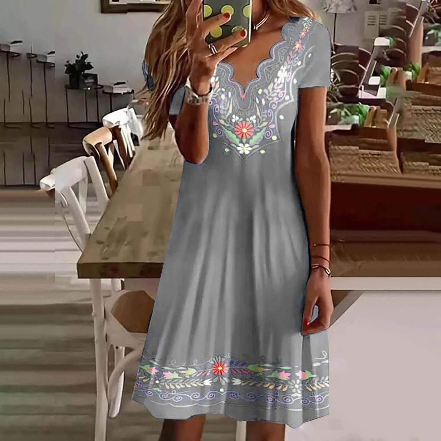 Peasant Dress for Women 2024 Trendy Boho Vintage Floral Print Short Sleeve Scalloped V Neck A Line Tunic Mini Dresses