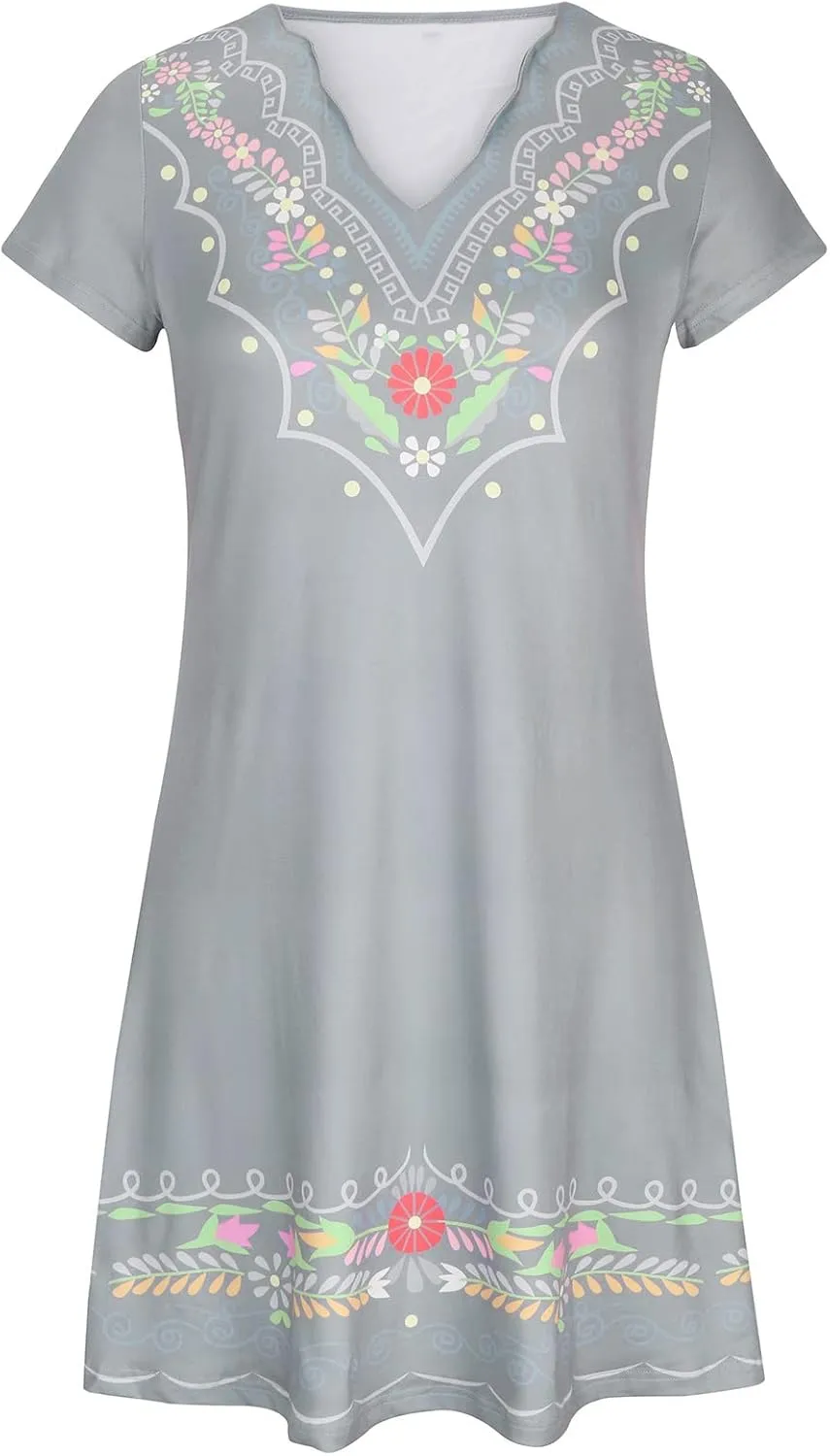 Peasant Dress for Women 2024 Trendy Boho Vintage Floral Print Short Sleeve Scalloped V Neck A Line Tunic Mini Dresses