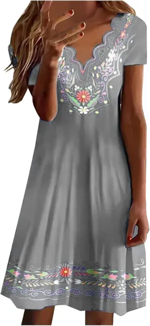 Peasant Dress for Women 2024 Trendy Boho Vintage Floral Print Short Sleeve Scalloped V Neck A Line Tunic Mini Dresses