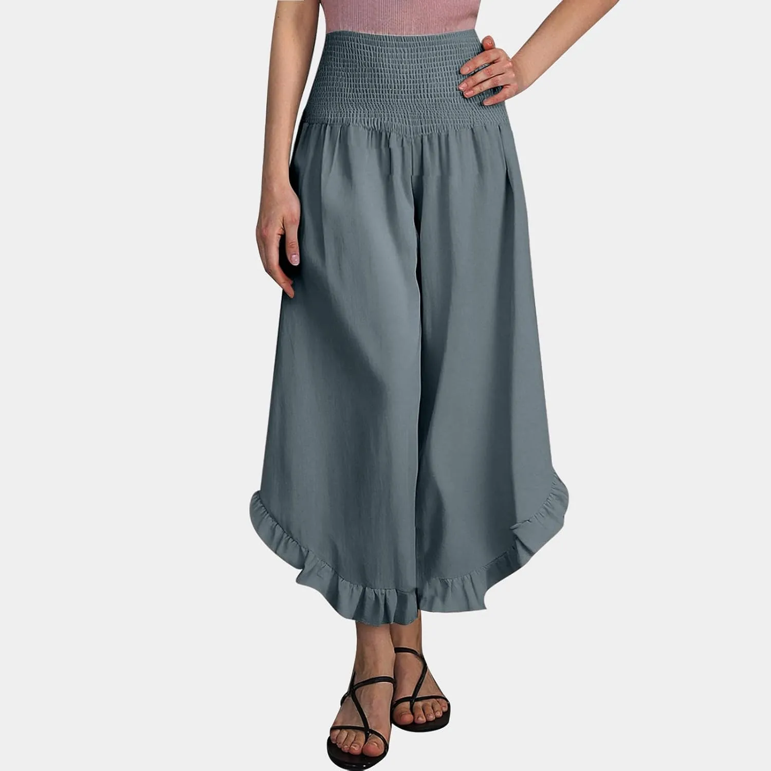 Photno Palazzo Pants for Women Wide Leg Linen Boho High Waist Ruffle Trouser Flowy Summer Resort Wear Vacation Beach Pants