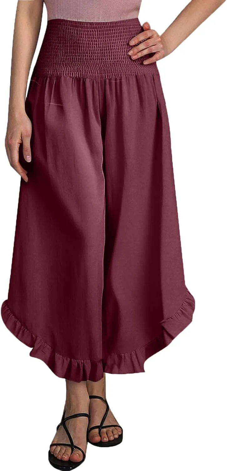 Photno Palazzo Pants for Women Wide Leg Linen Boho High Waist Ruffle Trouser Flowy Summer Resort Wear Vacation Beach Pants