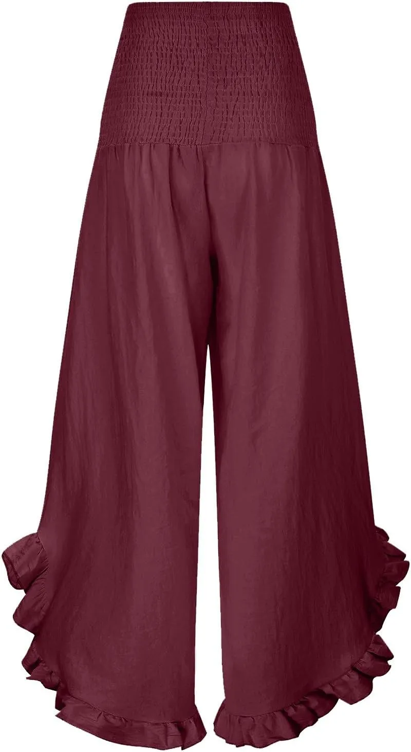 Photno Palazzo Pants for Women Wide Leg Linen Boho High Waist Ruffle Trouser Flowy Summer Resort Wear Vacation Beach Pants