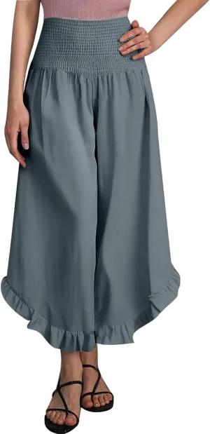 Photno Palazzo Pants for Women Wide Leg Linen Boho High Waist Ruffle Trouser Flowy Summer Resort Wear Vacation Beach Pants