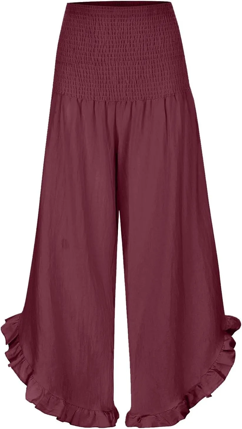 Photno Palazzo Pants for Women Wide Leg Linen Boho High Waist Ruffle Trouser Flowy Summer Resort Wear Vacation Beach Pants