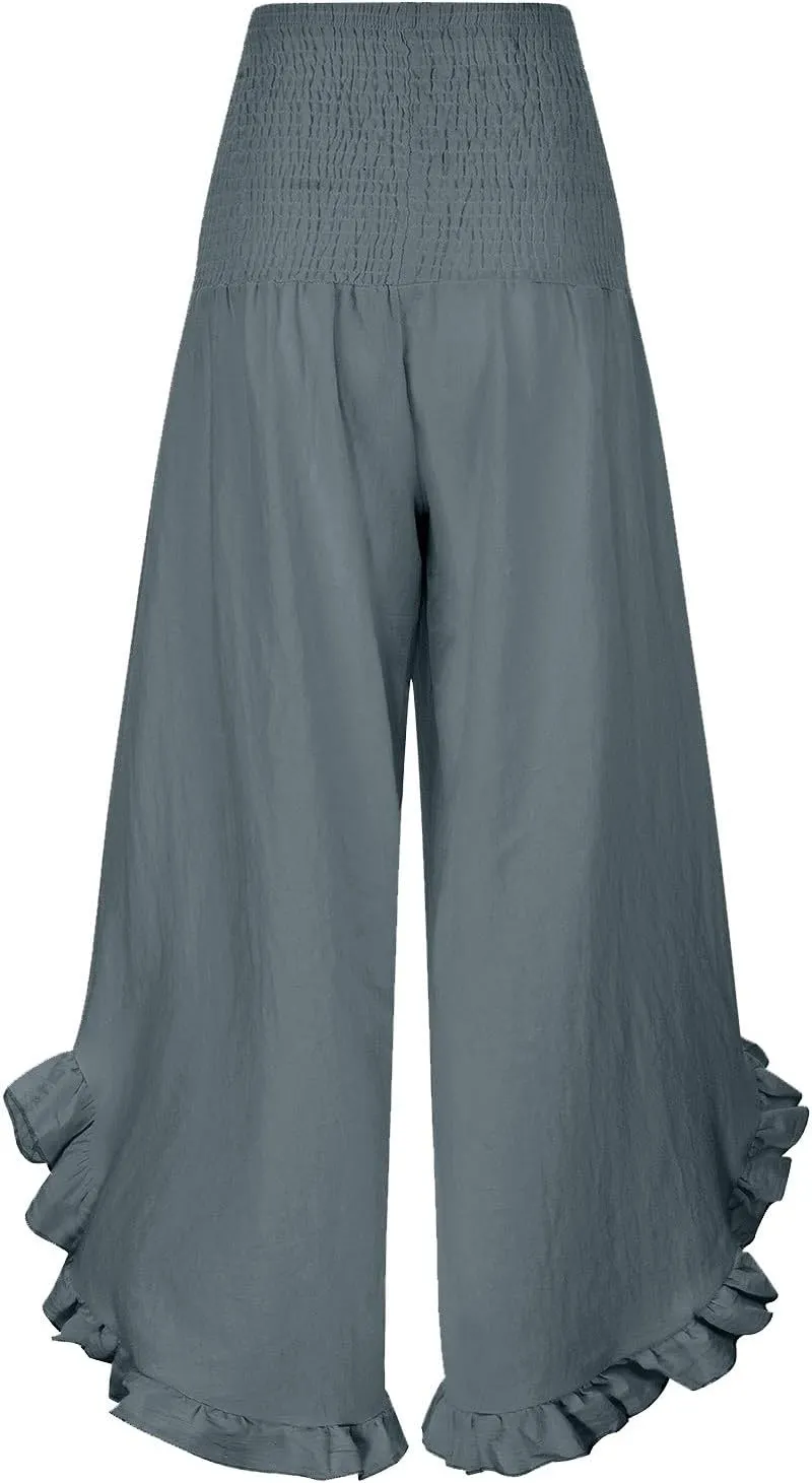 Photno Palazzo Pants for Women Wide Leg Linen Boho High Waist Ruffle Trouser Flowy Summer Resort Wear Vacation Beach Pants