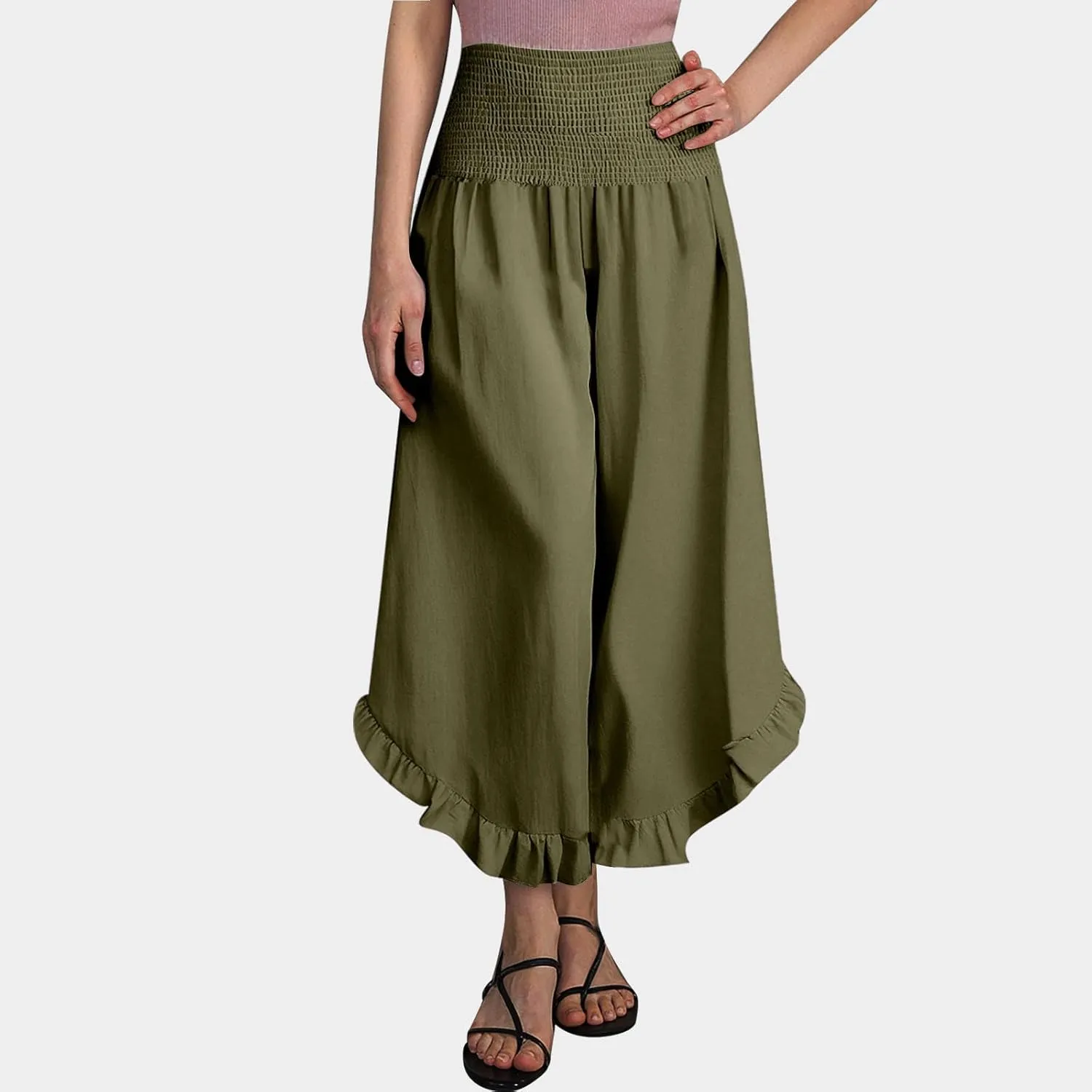 Photno Palazzo Pants for Women Wide Leg Linen Boho High Waist Ruffle Trouser Flowy Summer Resort Wear Vacation Beach Pants