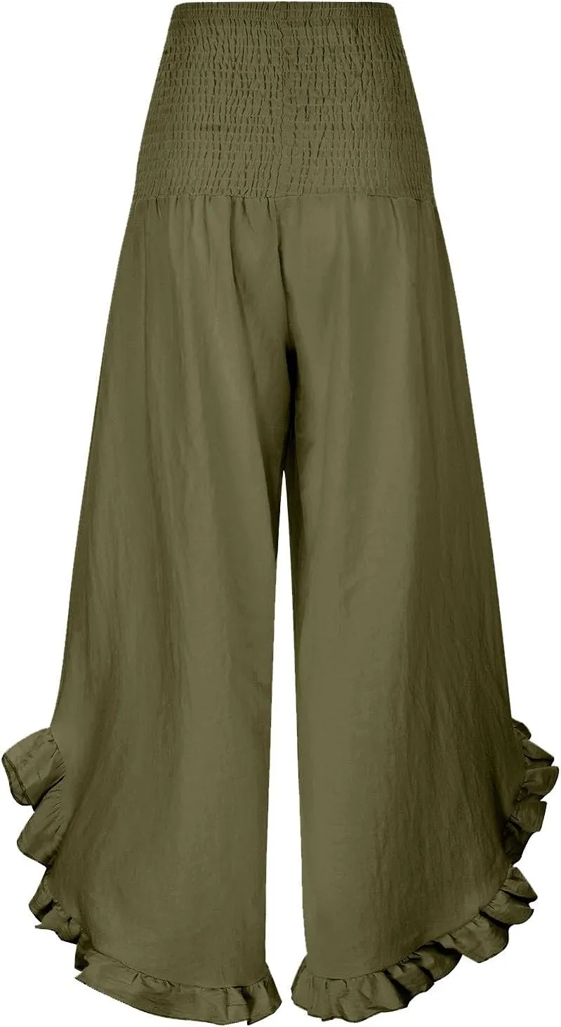 Photno Palazzo Pants for Women Wide Leg Linen Boho High Waist Ruffle Trouser Flowy Summer Resort Wear Vacation Beach Pants