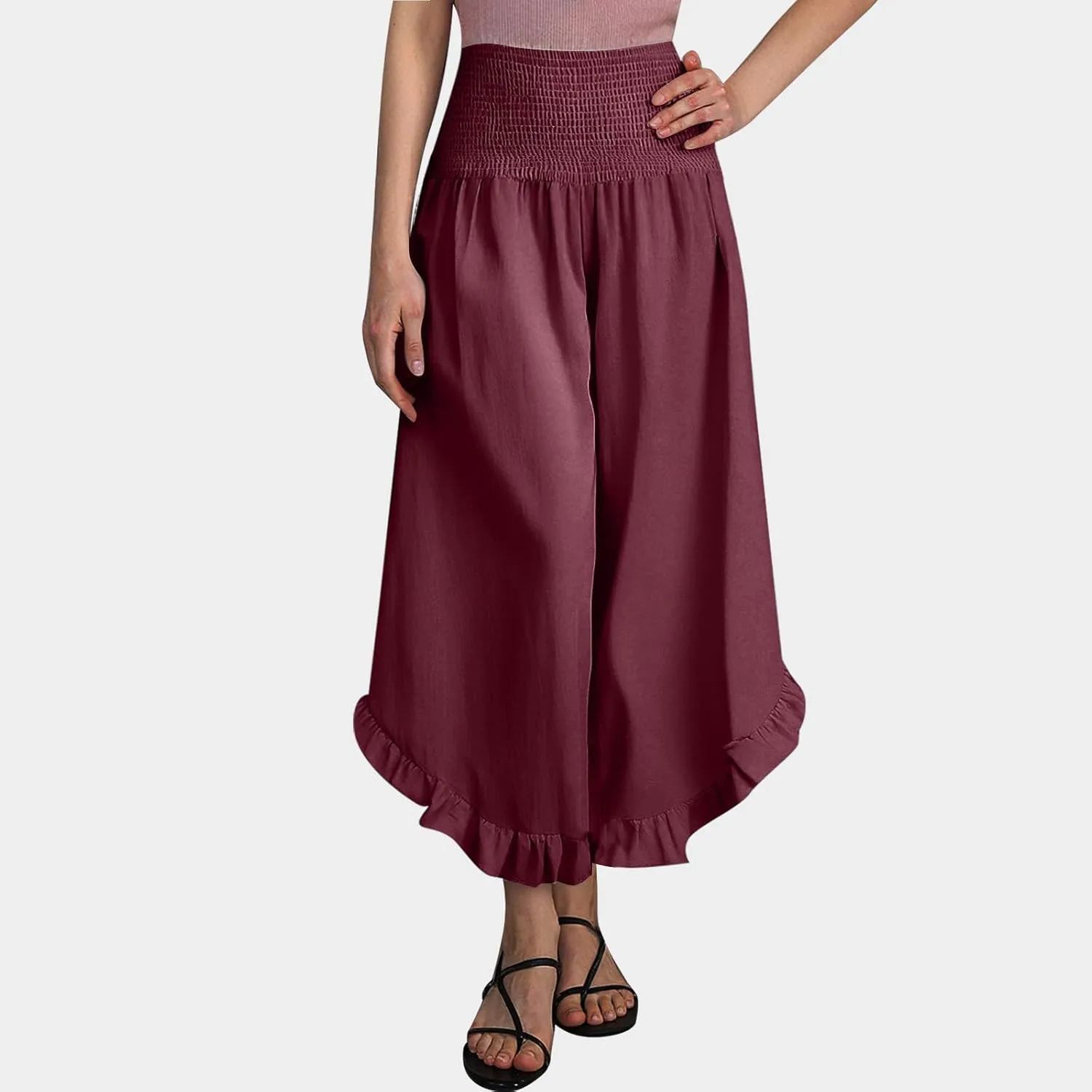 Photno Palazzo Pants for Women Wide Leg Linen Boho High Waist Ruffle Trouser Flowy Summer Resort Wear Vacation Beach Pants