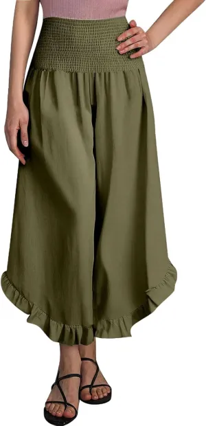 Photno Palazzo Pants for Women Wide Leg Linen Boho High Waist Ruffle Trouser Flowy Summer Resort Wear Vacation Beach Pants