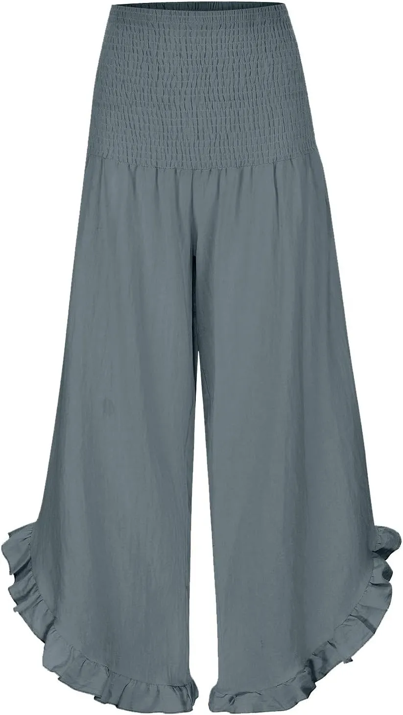 Photno Palazzo Pants for Women Wide Leg Linen Boho High Waist Ruffle Trouser Flowy Summer Resort Wear Vacation Beach Pants