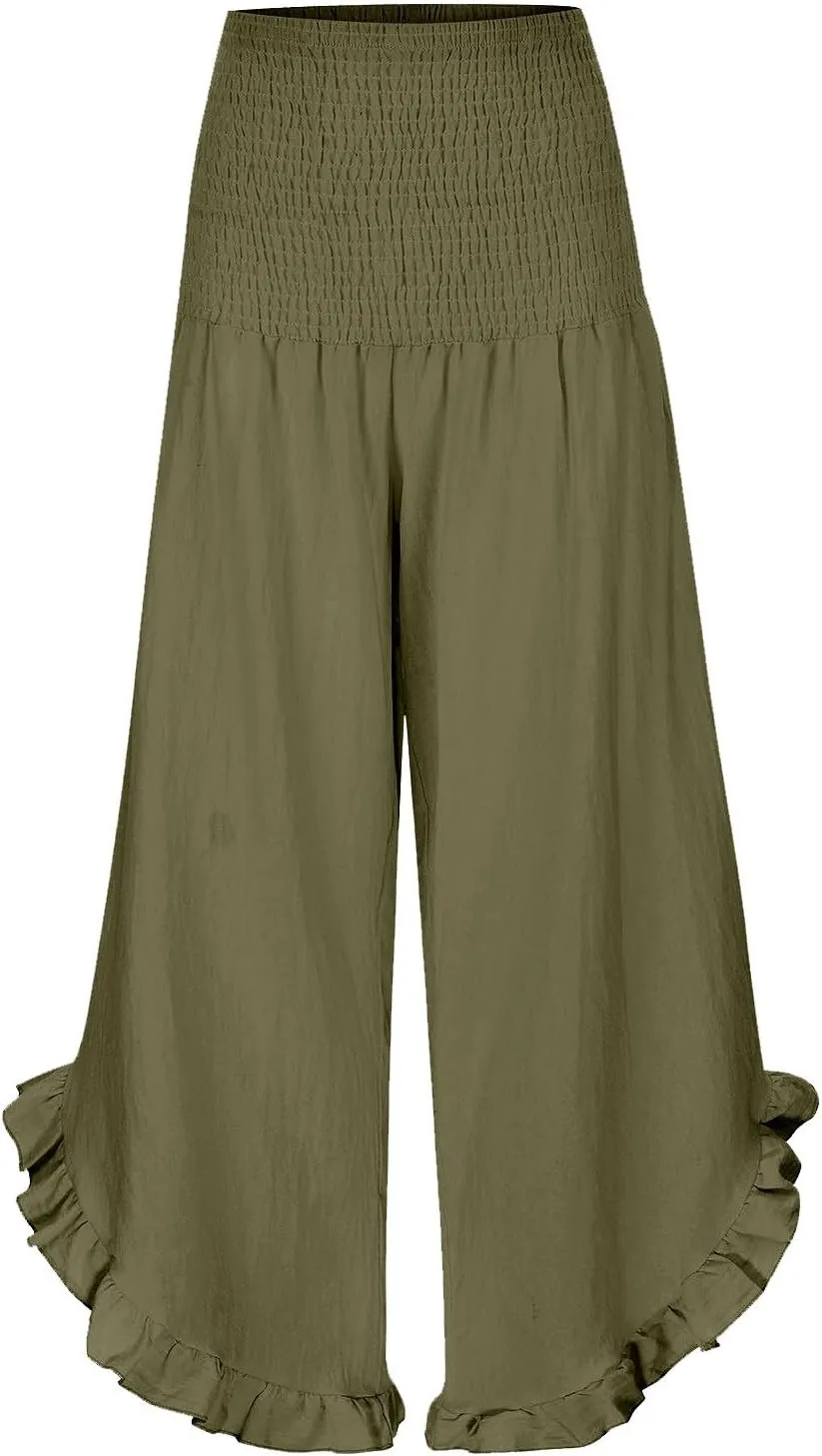 Photno Palazzo Pants for Women Wide Leg Linen Boho High Waist Ruffle Trouser Flowy Summer Resort Wear Vacation Beach Pants