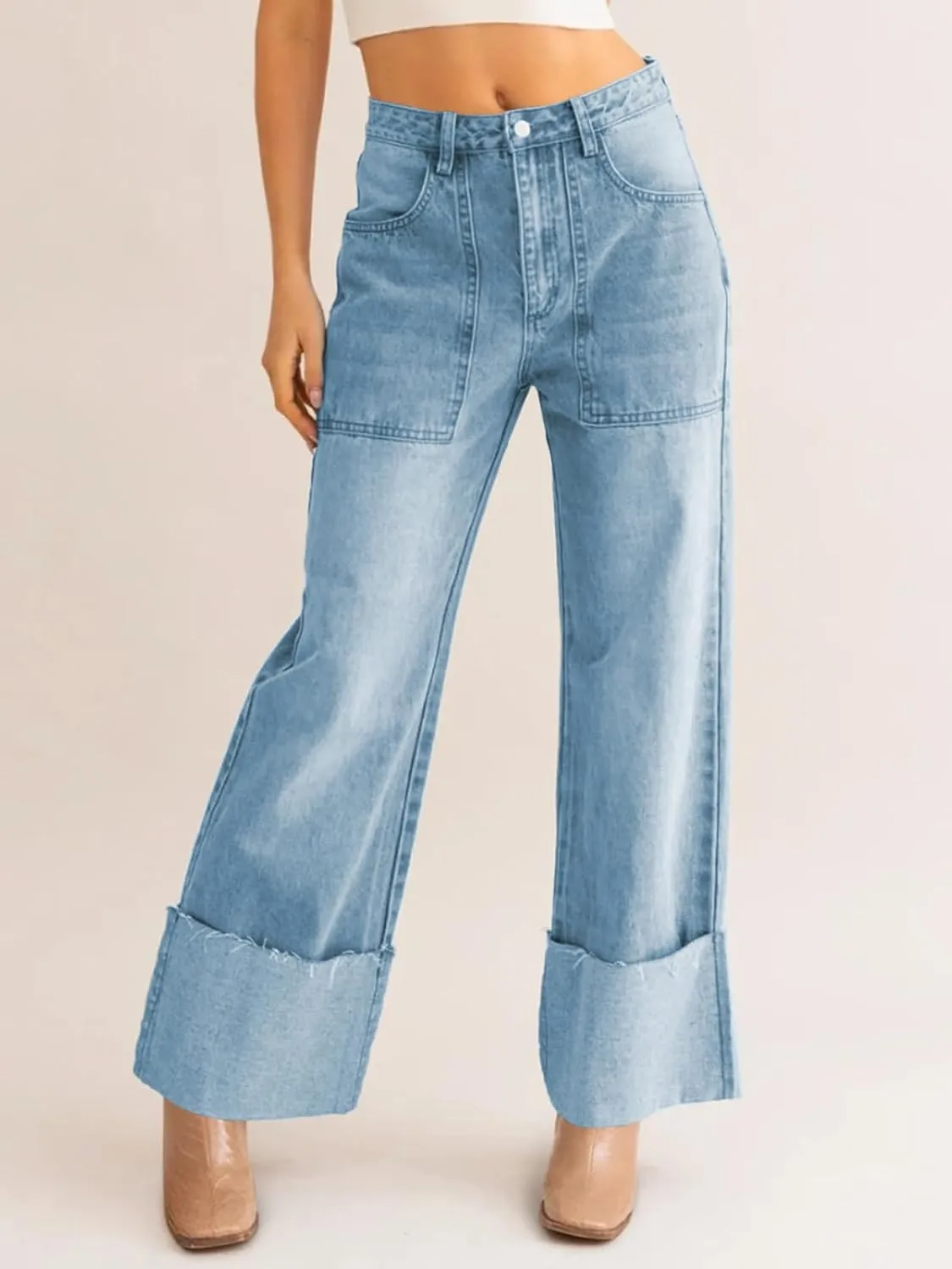 PLNOTME Womens Baggy Cuffed Jeans Casual Straight Leg Boyfriend Denim Pants with Pockets