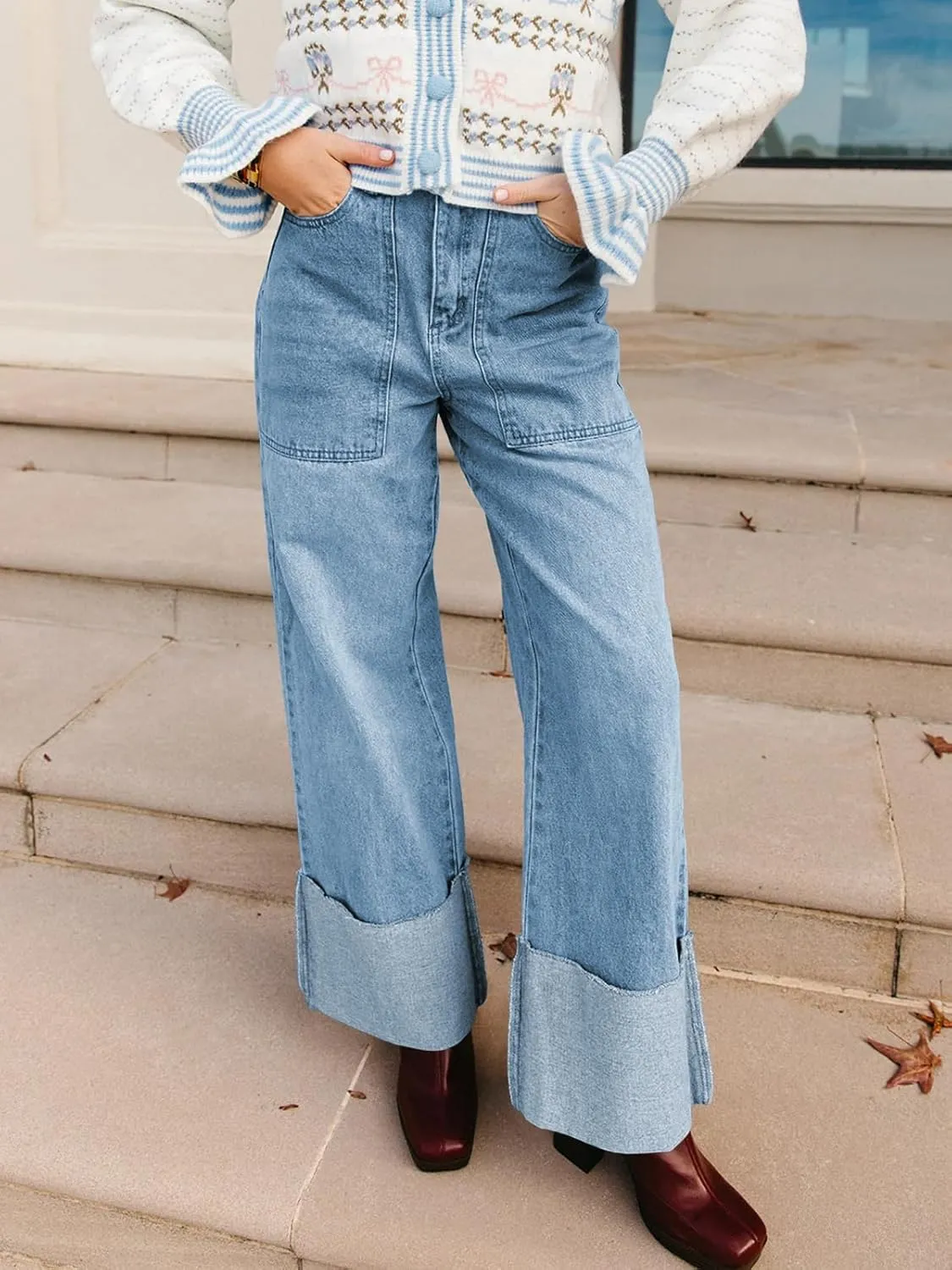 PLNOTME Womens Baggy Cuffed Jeans Casual Straight Leg Boyfriend Denim Pants with Pockets