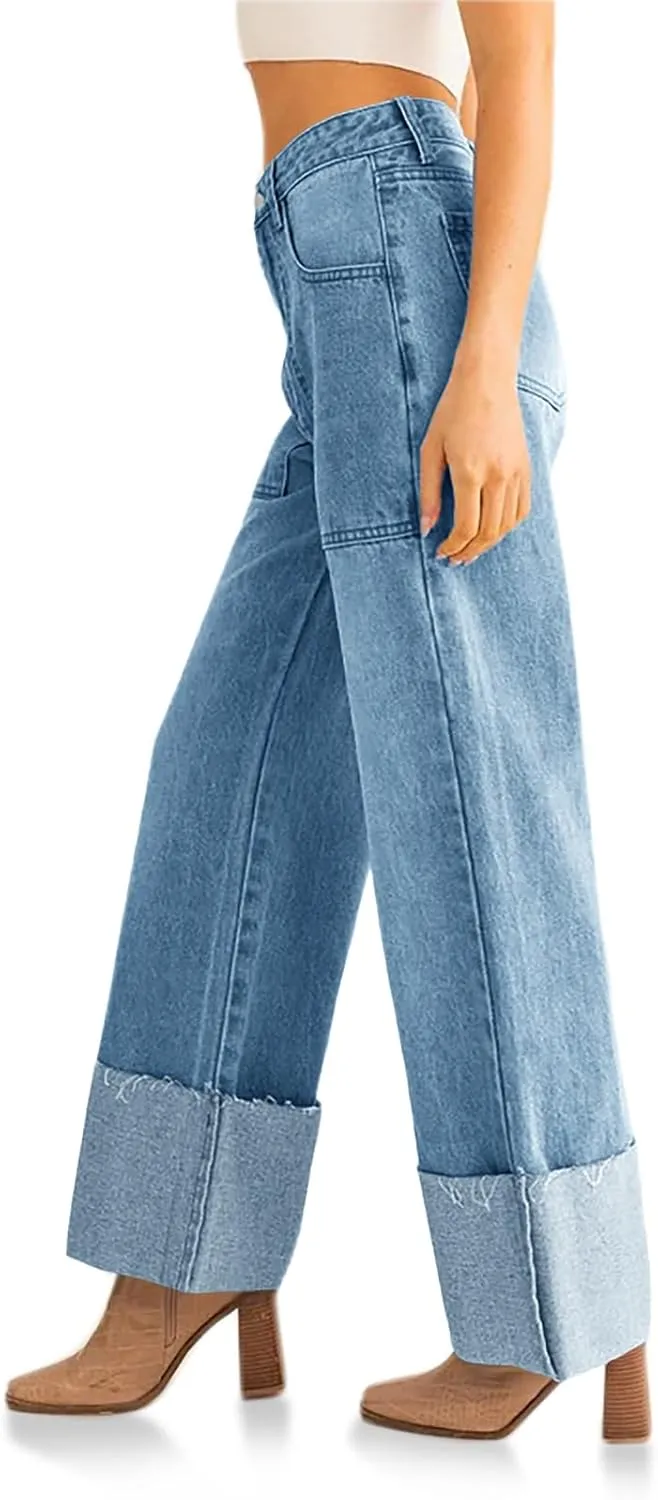 PLNOTME Womens Baggy Cuffed Jeans Casual Straight Leg Boyfriend Denim Pants with Pockets