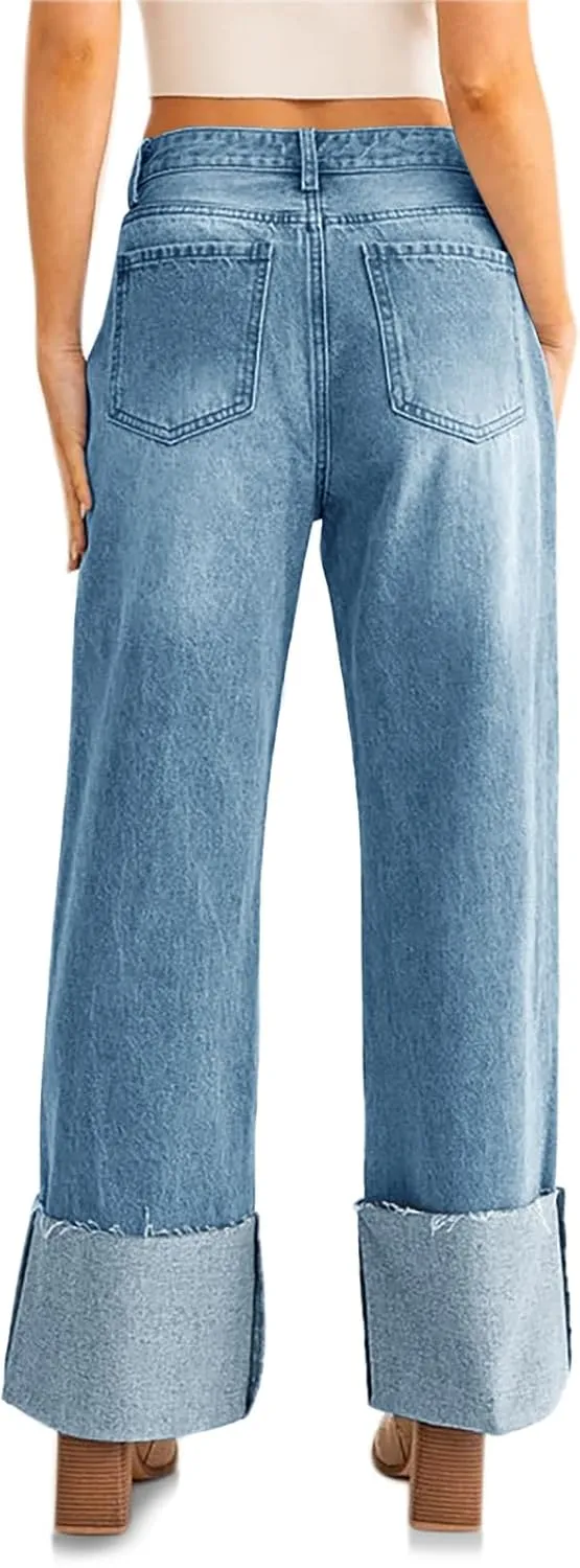 PLNOTME Womens Baggy Cuffed Jeans Casual Straight Leg Boyfriend Denim Pants with Pockets
